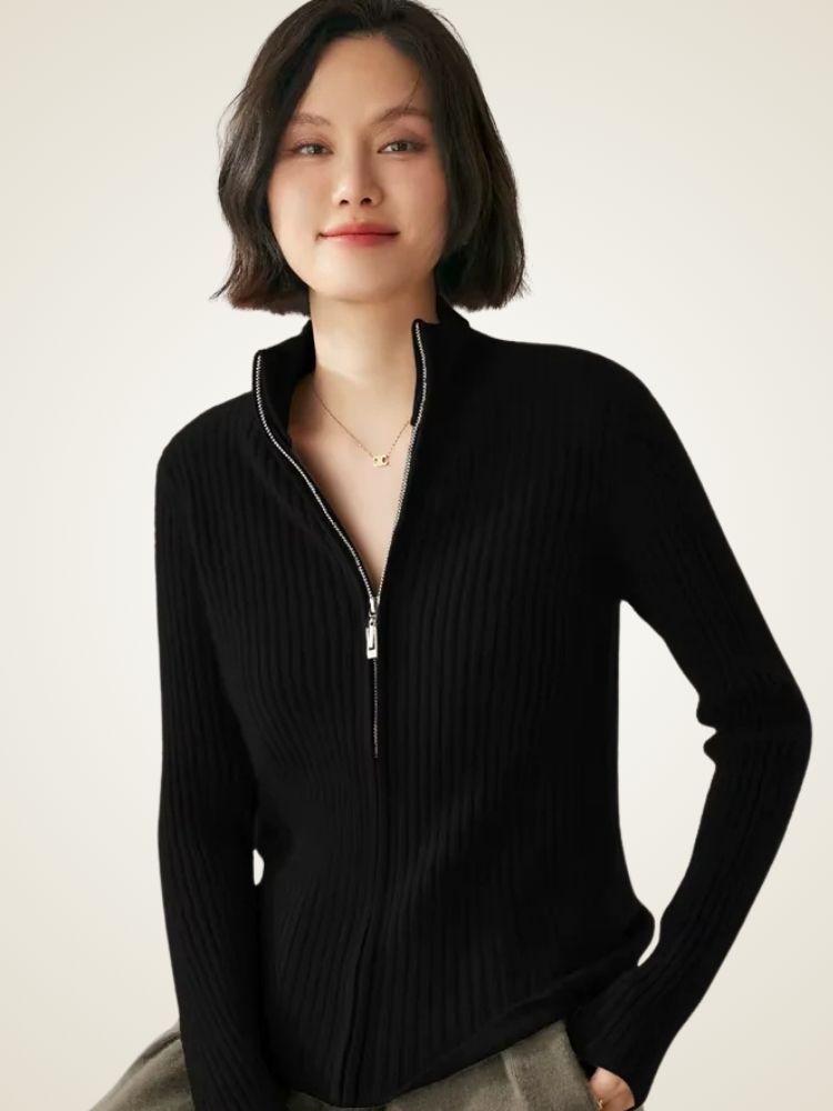 Heather - Ribbed Zip Up Cashmere Cardigan