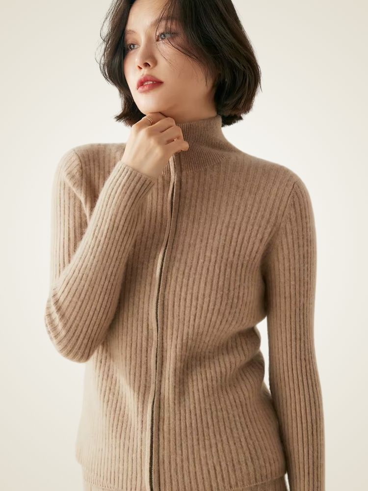 Heather - Ribbed Zip Up Cashmere Cardigan