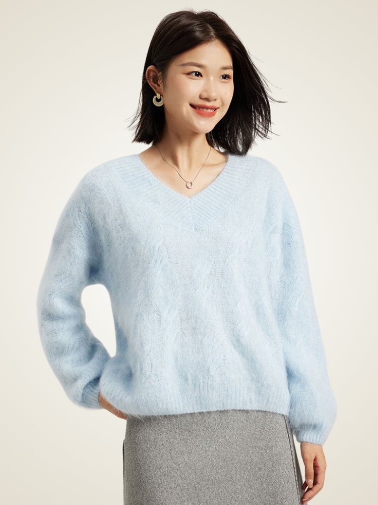 Vaelith - V-neck Fuzzy Knit Cashmere Jumper