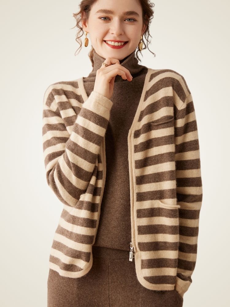 Edelina - Striped Zip-Up Cashmere Cardigan