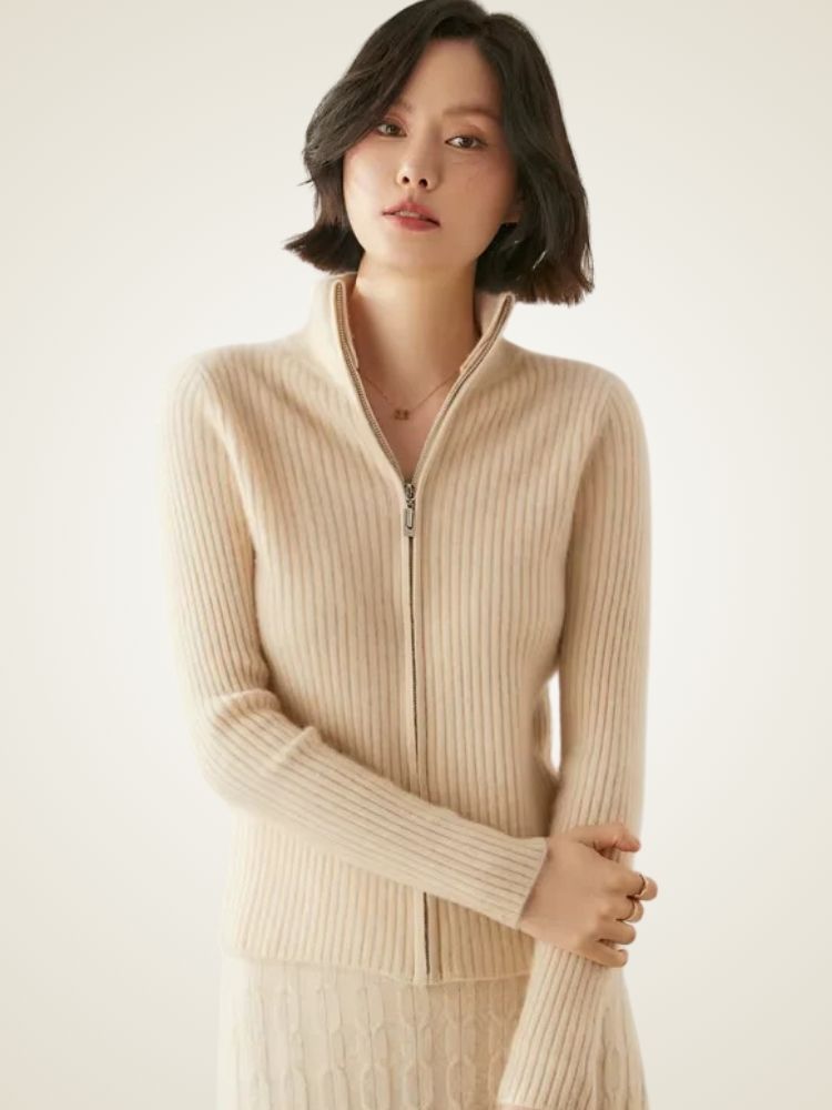 Heather - Ribbed Zip Up Cashmere Cardigan