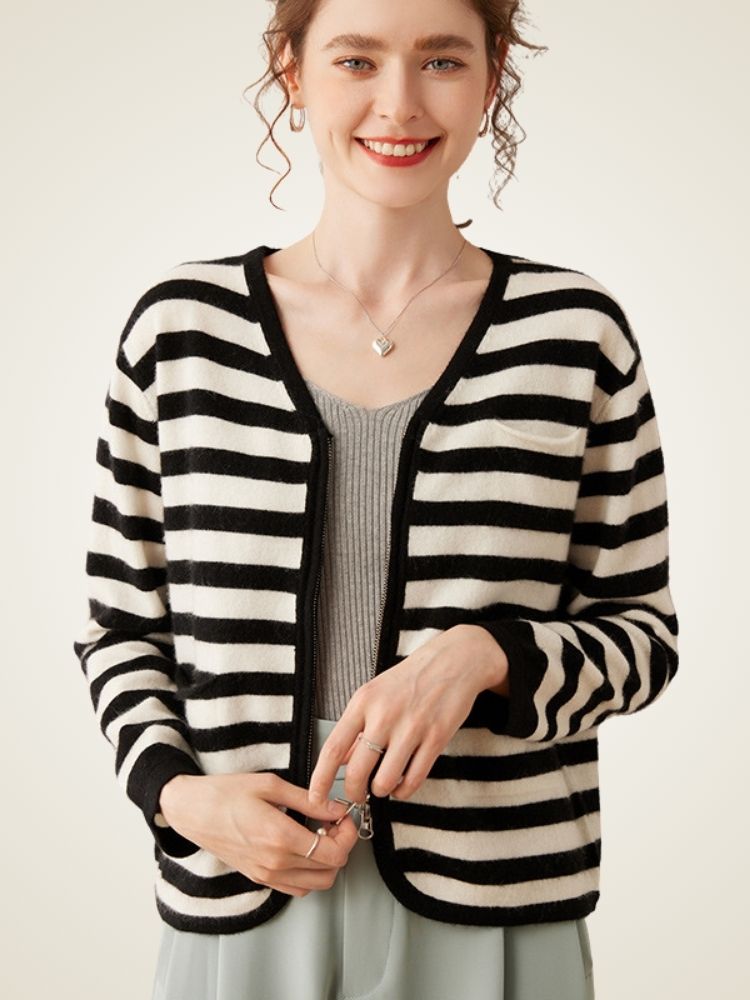 Edelina - Striped Zip-Up Cashmere Cardigan