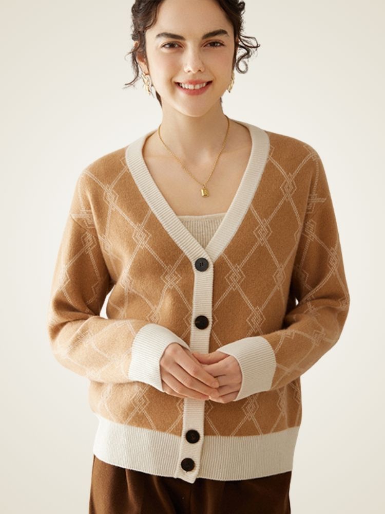 Ninette - Diamond Knit Pattern Cashmere Cardigan