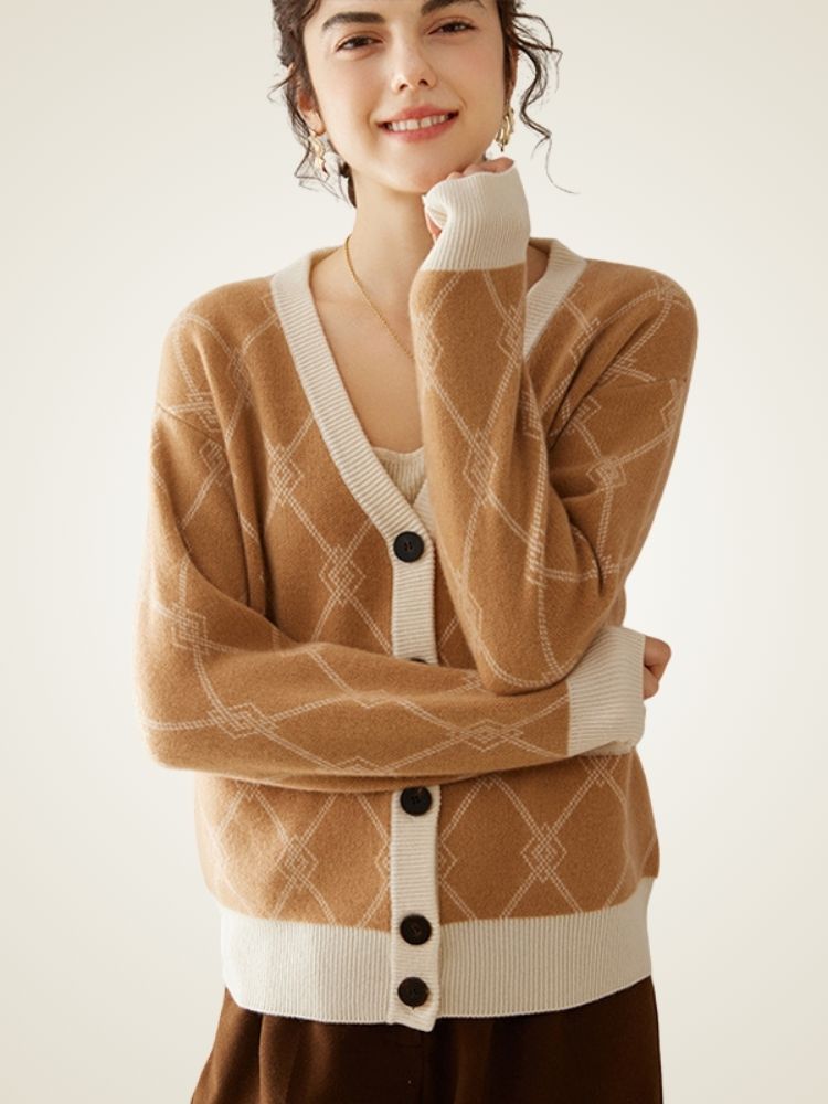 Ninette - Diamond Knit Pattern Cashmere Cardigan