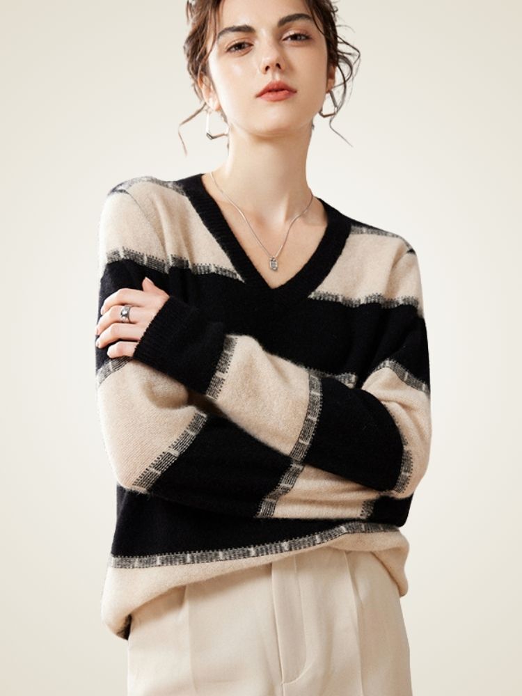 Lorennia - Striped V-Neck Cashmere Sweater