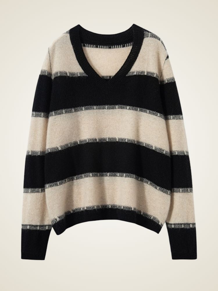 Lorennia - Striped V-Neck Cashmere Sweater