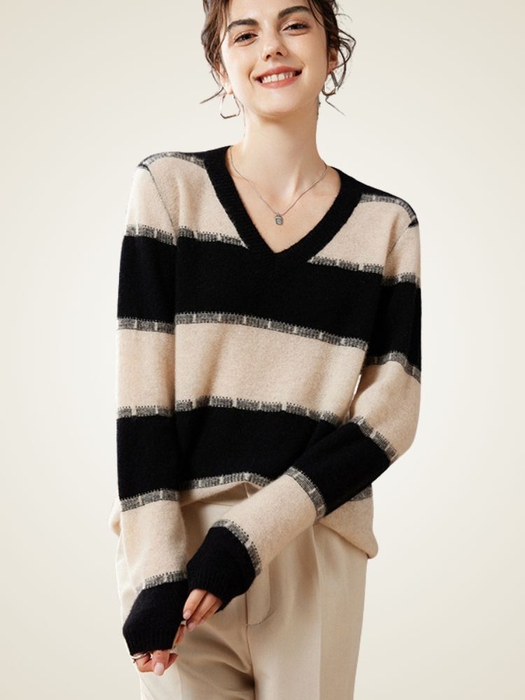 Lorennia - Striped V-Neck Cashmere Sweater