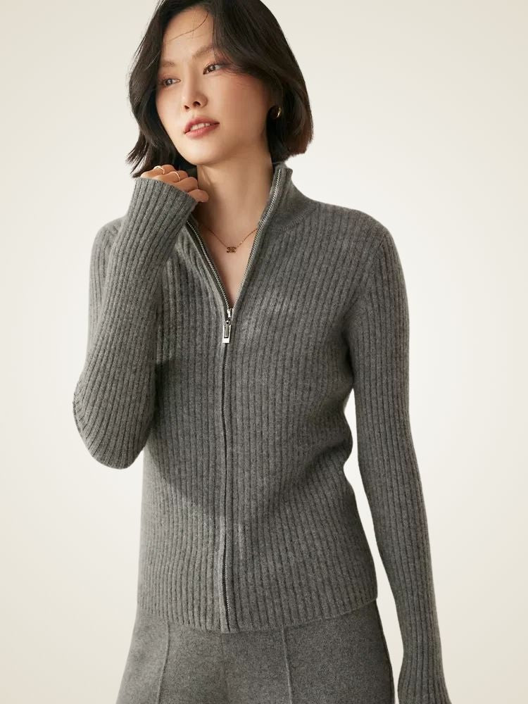Heather - Ribbed Zip Up Cashmere Cardigan
