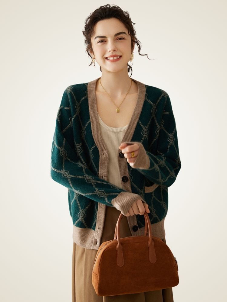 Ninette - Diamond Knit Pattern Cashmere Cardigan