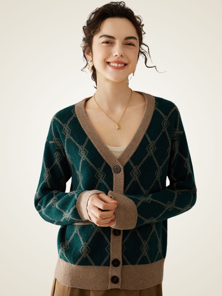Ninette - Diamond Knit Pattern Cashmere Cardigan