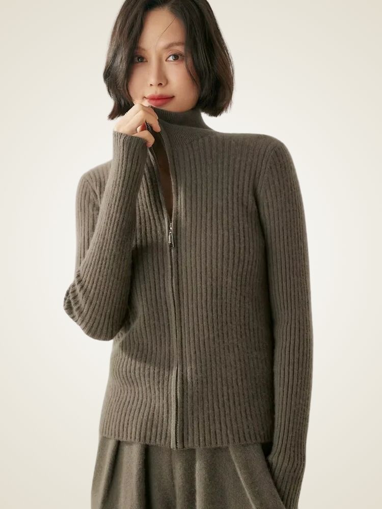 Heather - Ribbed Zip Up Cashmere Cardigan