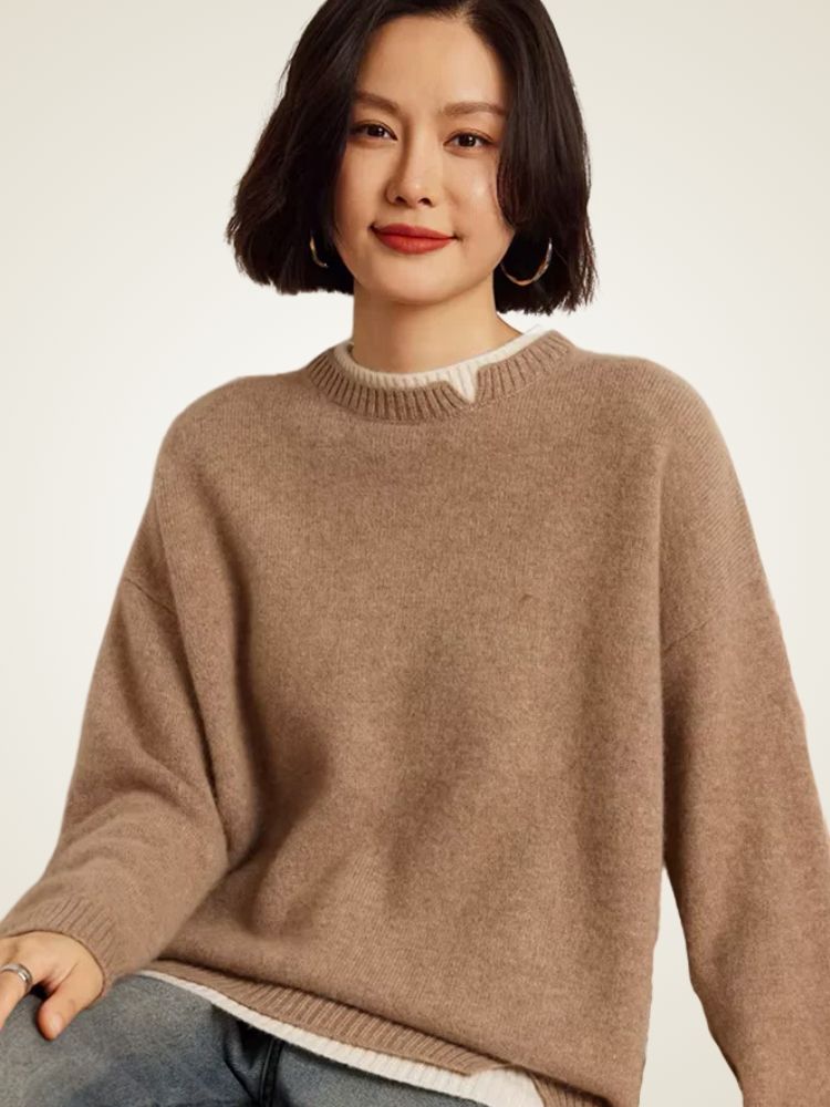Olivia - Double Collar Crewneck Cashmere Sweater
