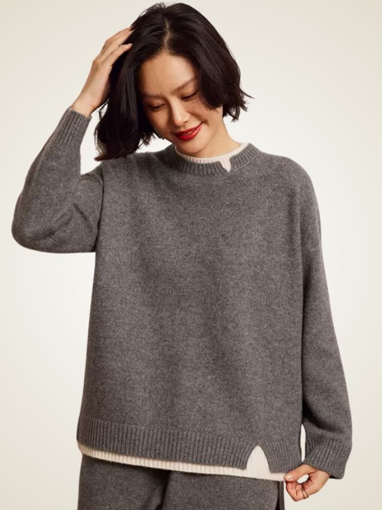 Olivia - Double Collar Crewneck Cashmere Sweater
