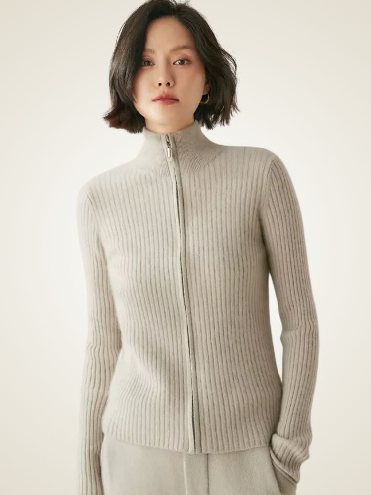 Heather - Ribbed Zip Up Cashmere Cardigan